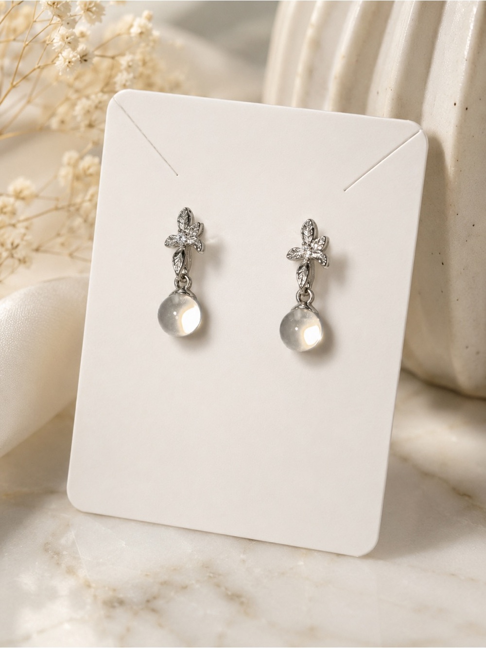 New Crystal Drop Silver Floral Dangle Earrings